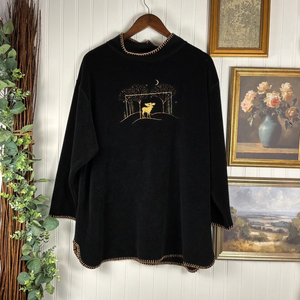 Coldwater Creek Fleece Pullover Vintage XL Black Moose Embroidery Mock Neck